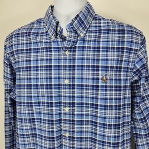 Ralph‎ Lauren Slim Fit Stretch Oxford Shirt Mens Large Button Down Blue Plaid